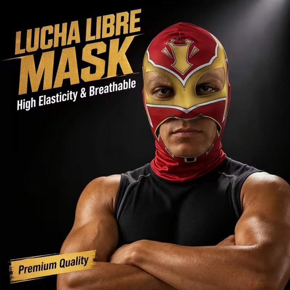 RED GOLD MEXICAN LUCHA WRESTLING MESH OVER THE HEAD HALLOWEEN MASK NEW